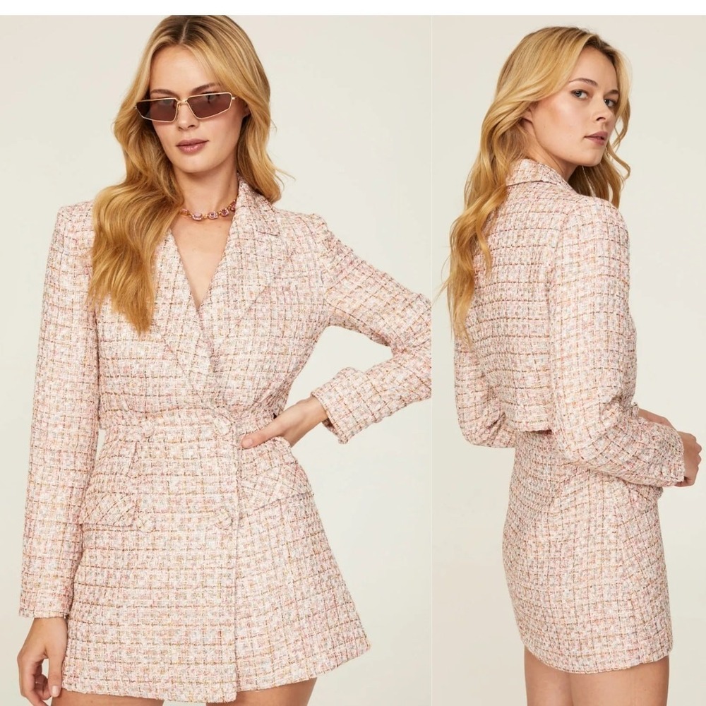 Self-Portrait Tweed Boucle Mini Dress Pink Gold Sequin Long Sleeve Suit Blazer 8 - Picture 2 of 12